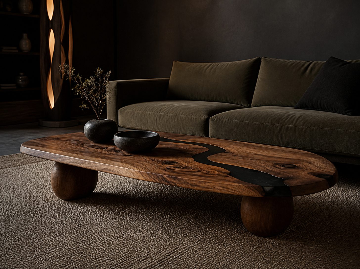 Mesa de centro de madera nativa con patas ovaladas de madera