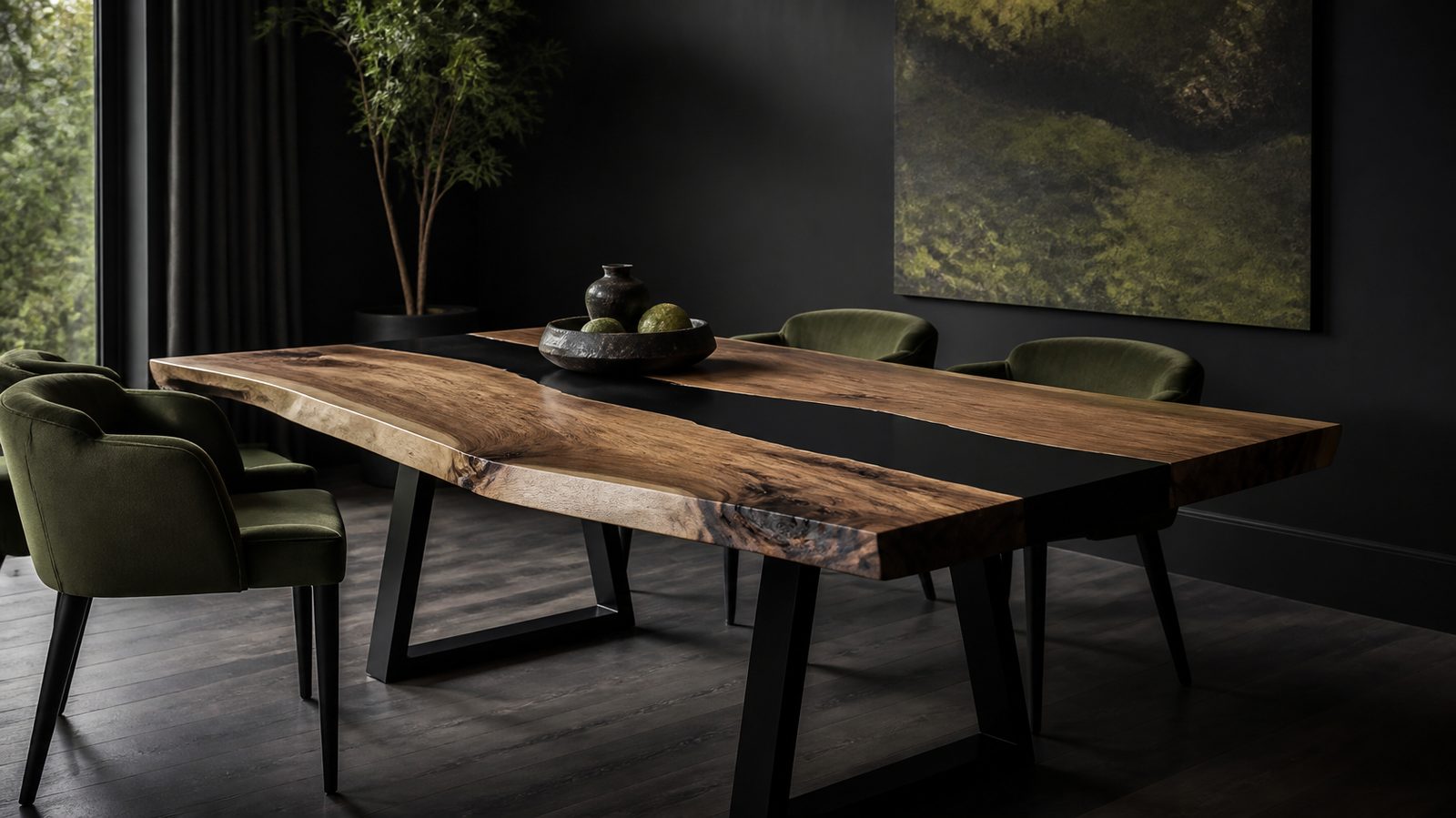 Mesa de comedor de raulí con río de resina negra