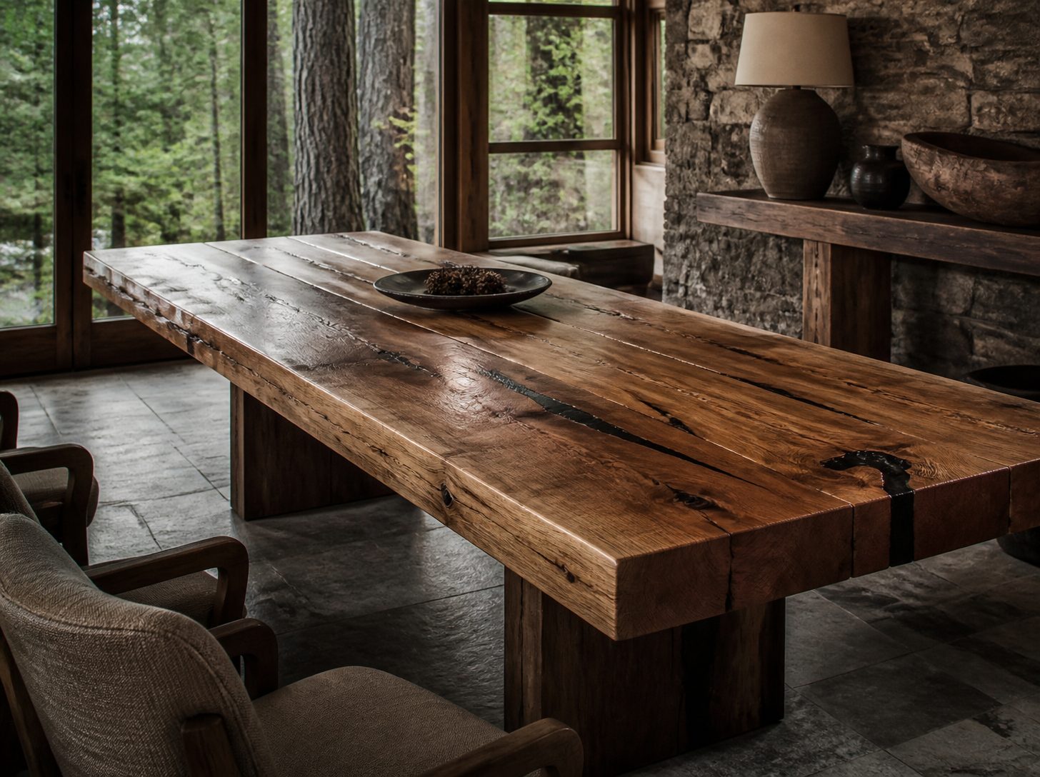 Mesa rústica de tablones gruesos de madera nativa
