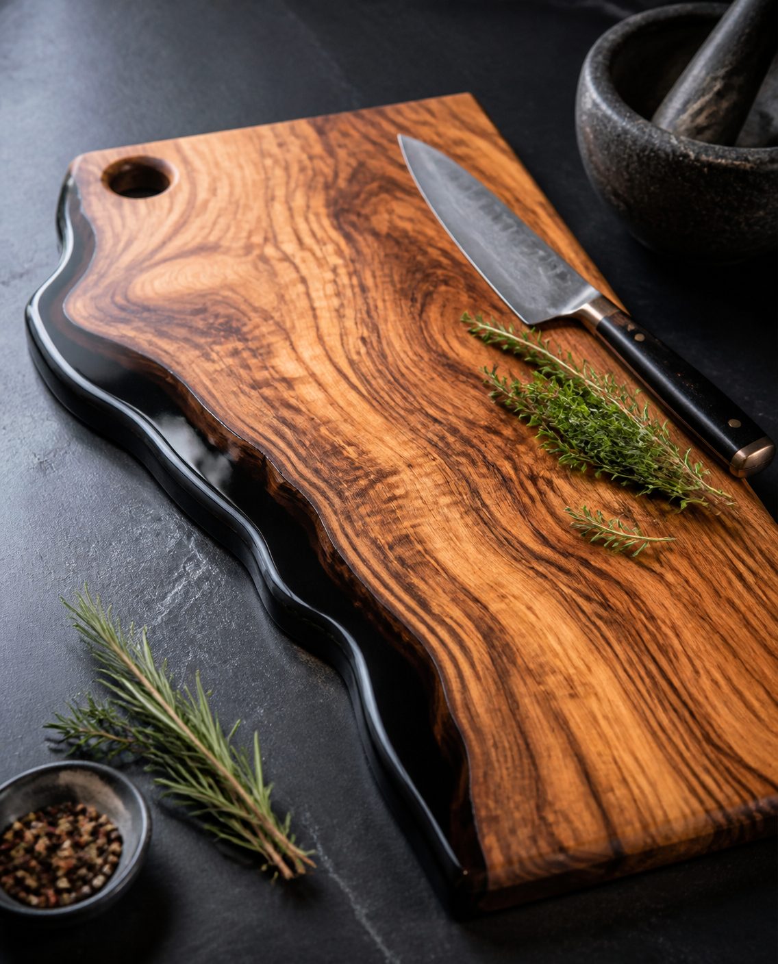 Tabla de picar de madera nativa con borde de resina negra