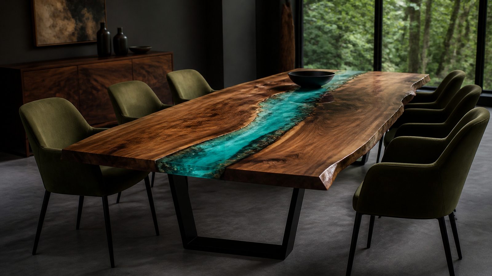 Mesa de comedor de madera nativa con río de resina turquesa